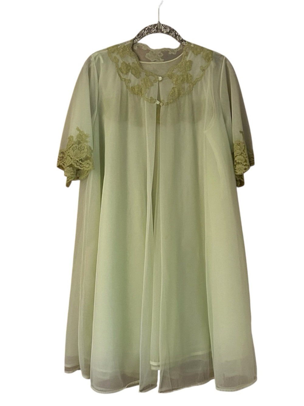 Vintage 60s Sheer Nylon Peignoir Robe and Sleeveless Nightgown Mint Pistachio